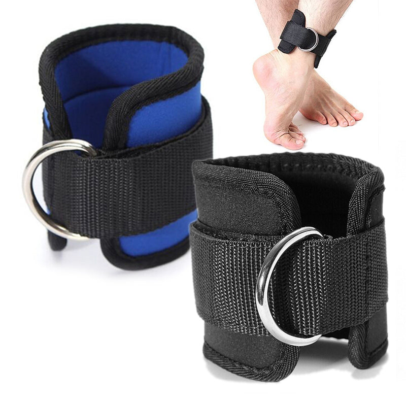 Neoprene Cable Ankle Strap in black and blue with metal D-ring