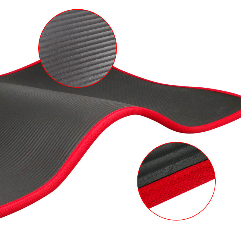 10mm Thick Yoga Mat With Stitched Edges in black with red trim, surface and edge close-ups