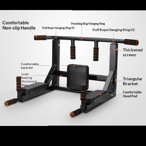Wall-Mounted Pull-Up and Dip Station with grips, backrest and arm pads labeled