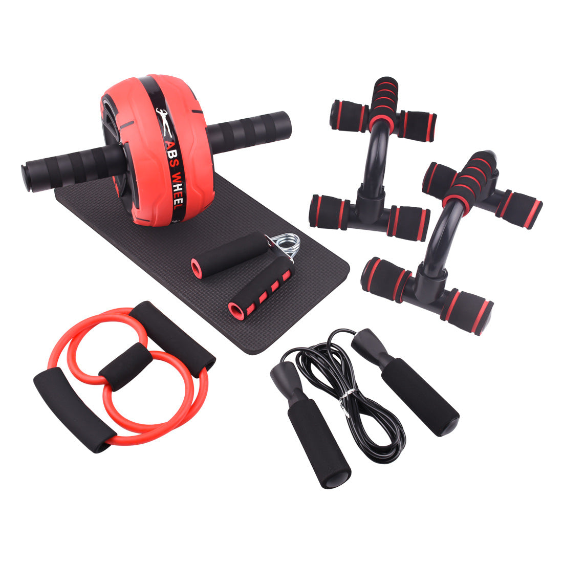 Ab Wheel Kit with Knee Mat in red, 7-piece kit