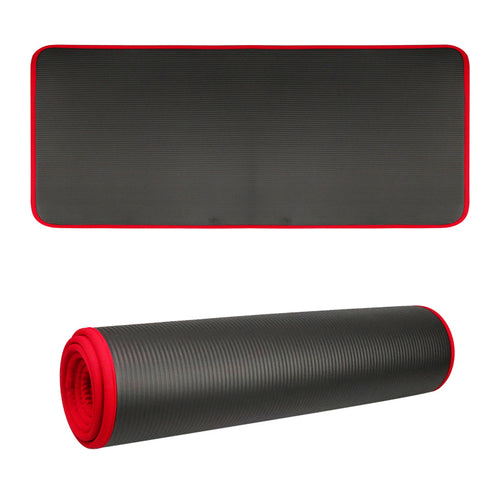 Black 10mm yoga mat with red trim, laid flat and rolled