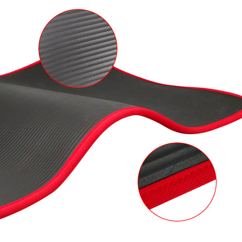 10mm Thick Yoga Mat With Stitched Edges in black with red trim, surface and edge close-ups
