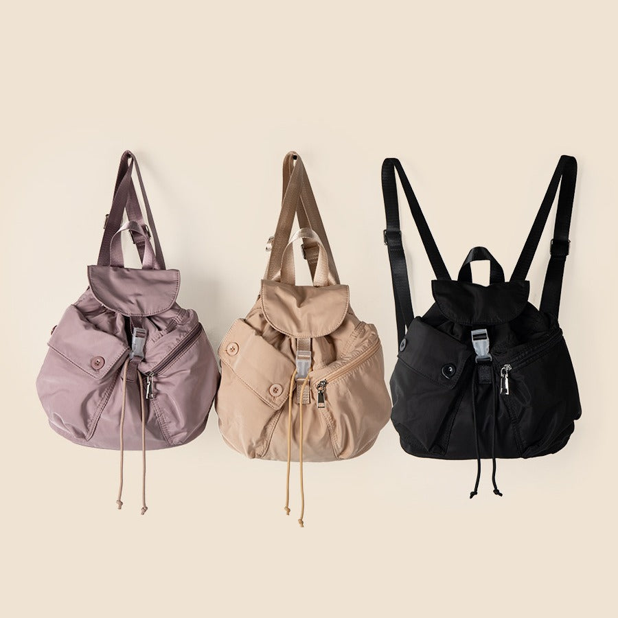 Nylon Drawstring Mini Backpack in lotus pink, apricot and black